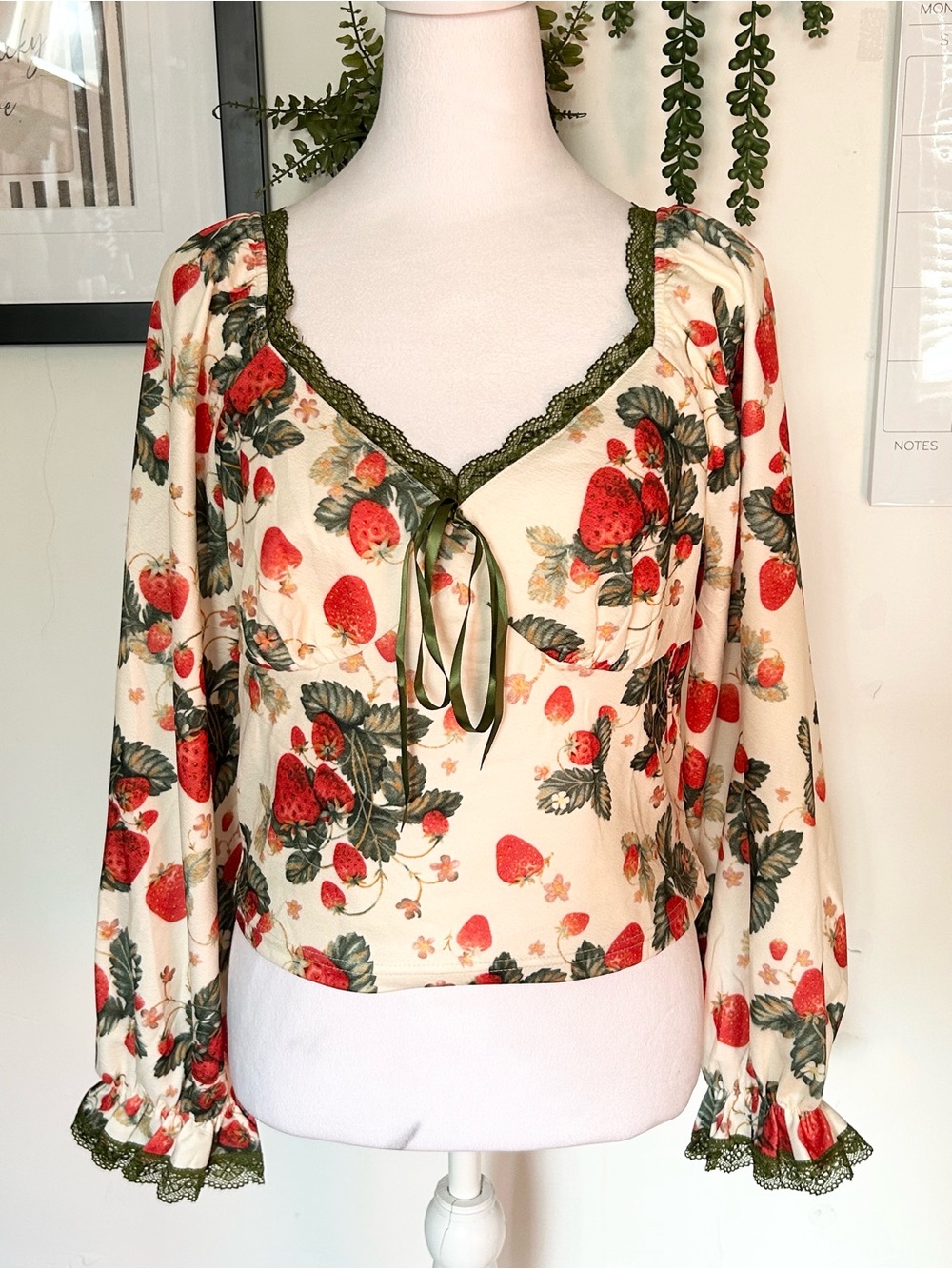 Cider Cream Strawberry Print Long Sleeve Blouse with Olive Lace Trim